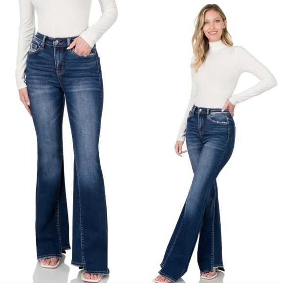 Zenana High Rise Panel Flare Denim by Zenana Dark Wash 25 NEW W-609 - Picture 2 of 8